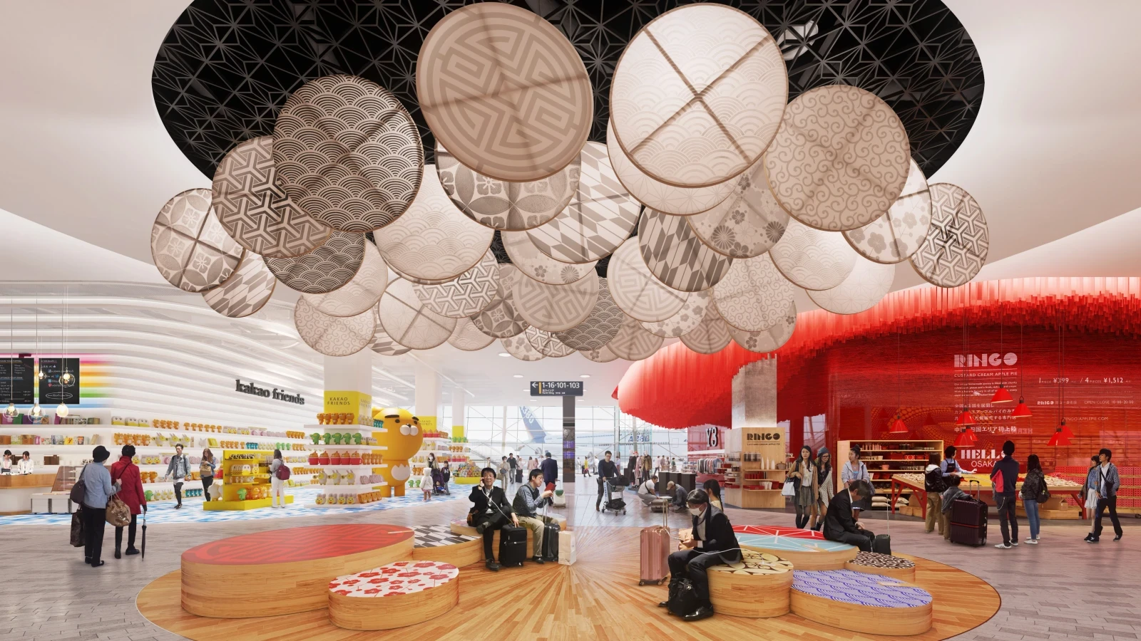 Visuel 3D de l'aéroport d'Osaka avec vue sur une installation artistique au plafond