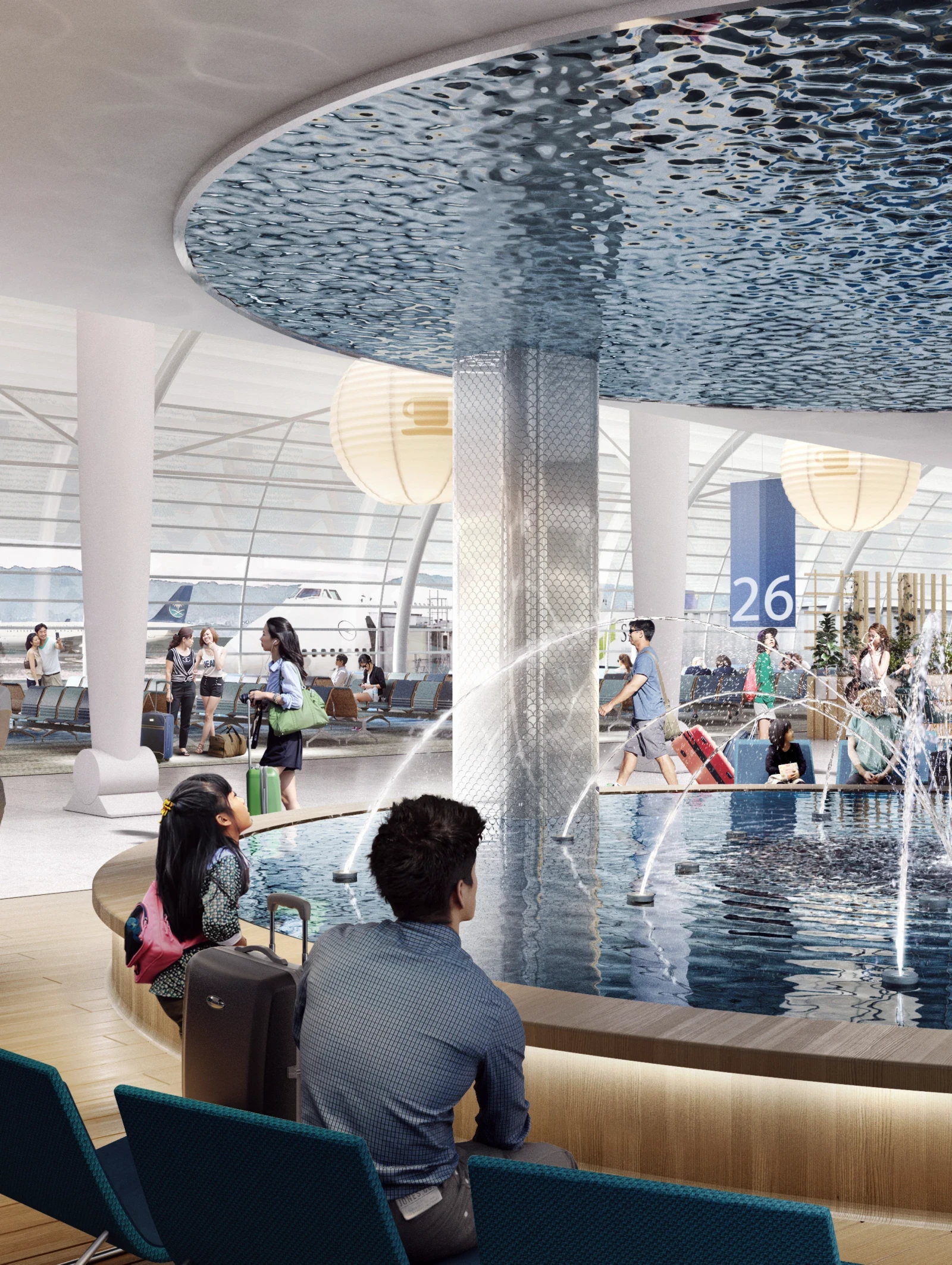 Visuel 3D d'une fontaine avec un plafond miroir de l'aéroport d'Osaka