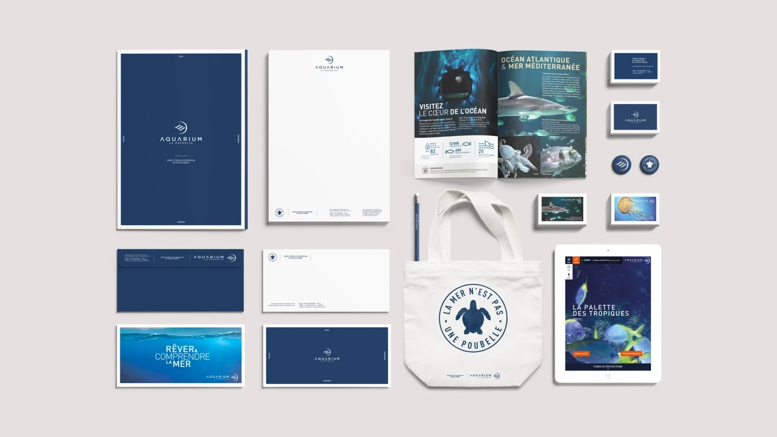 Planche avec plusieurs objets déclinés aux couleurs de l'aquarium de La Rochelle