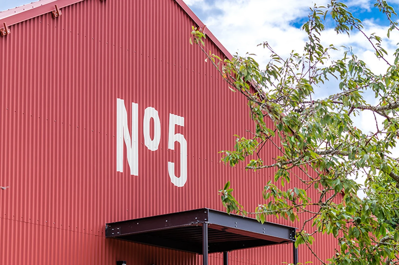 zoom sur la façade d'une maison hangar n°5, branche d'un arbre