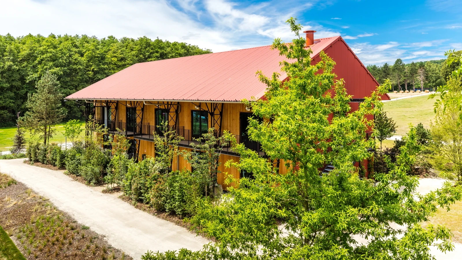 Grande maison avec jardin de plantes et d'arbres, autour d'une forêt