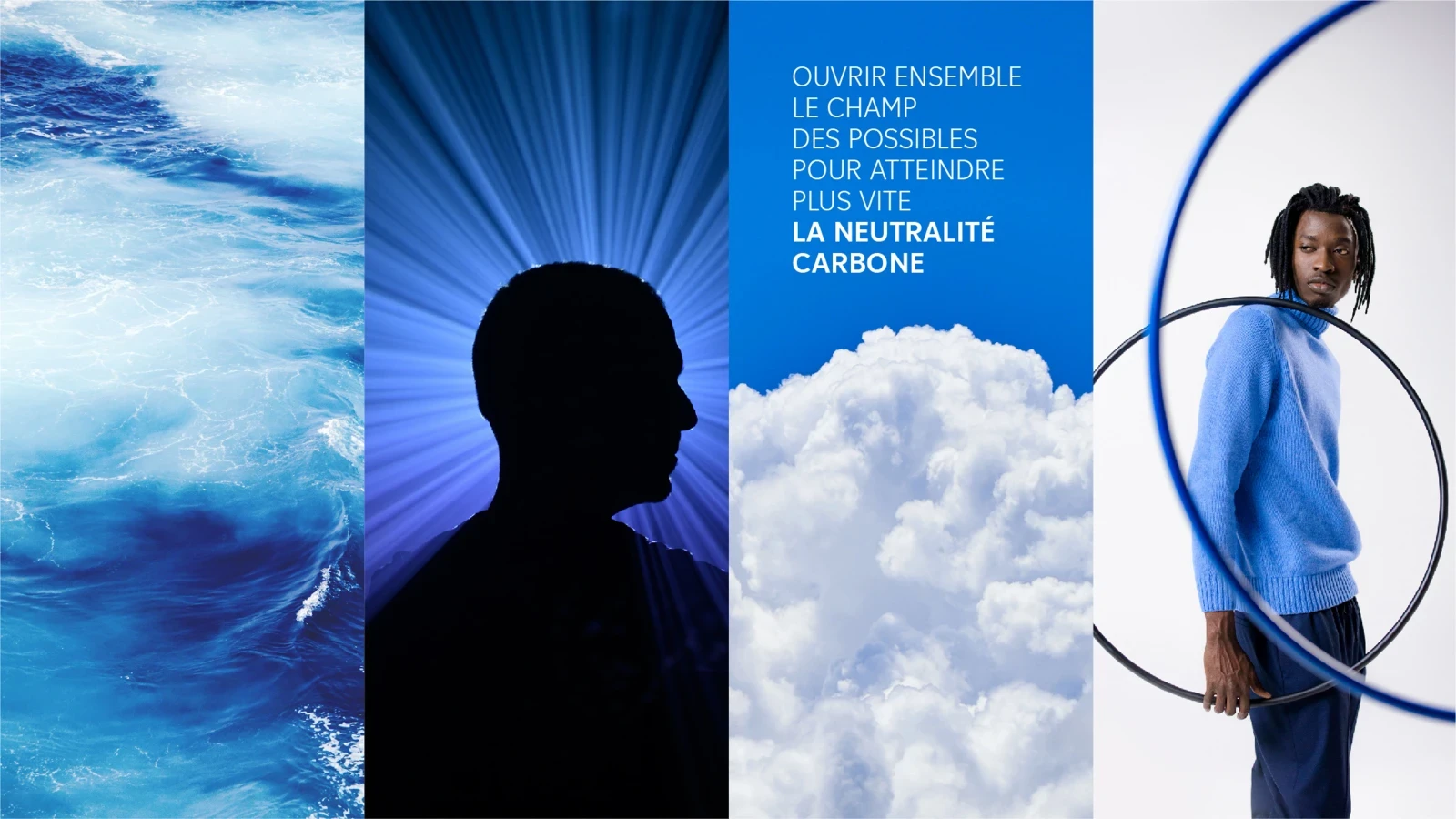 ensemble de 4 images verticales, mer, silhouette d'homme, nuages ciel bleu, homme en bleu avec des cercles