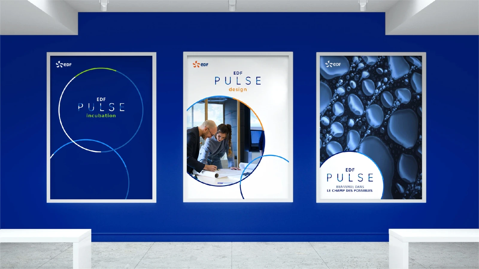 triptyque d'affiches de edf pulse, bleu, cercles, gens qui travaillent, zoom de goutes d'eau