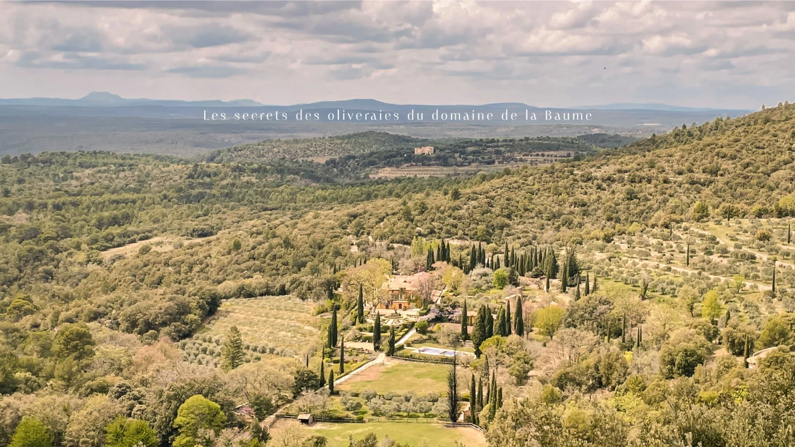 Photographie du Domaine Mira Luna vu de loin avec la mention : les secrets des oliveraies du domaine de la Baume