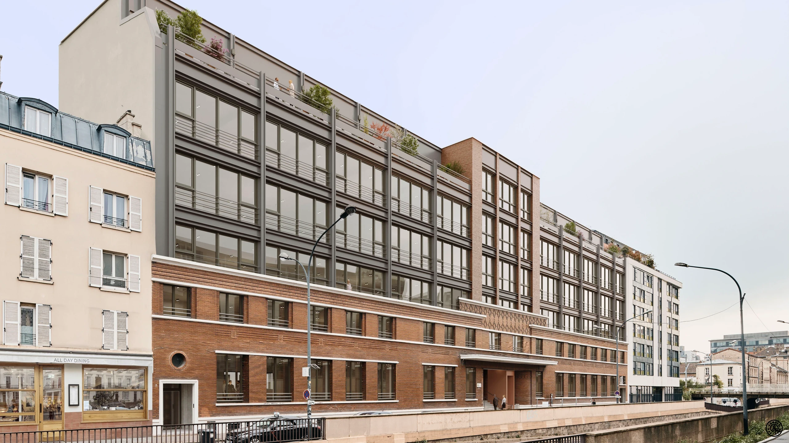 Façade de nouveau siège Ile-de-France d'Eiffage Construction à Saint-Ouen