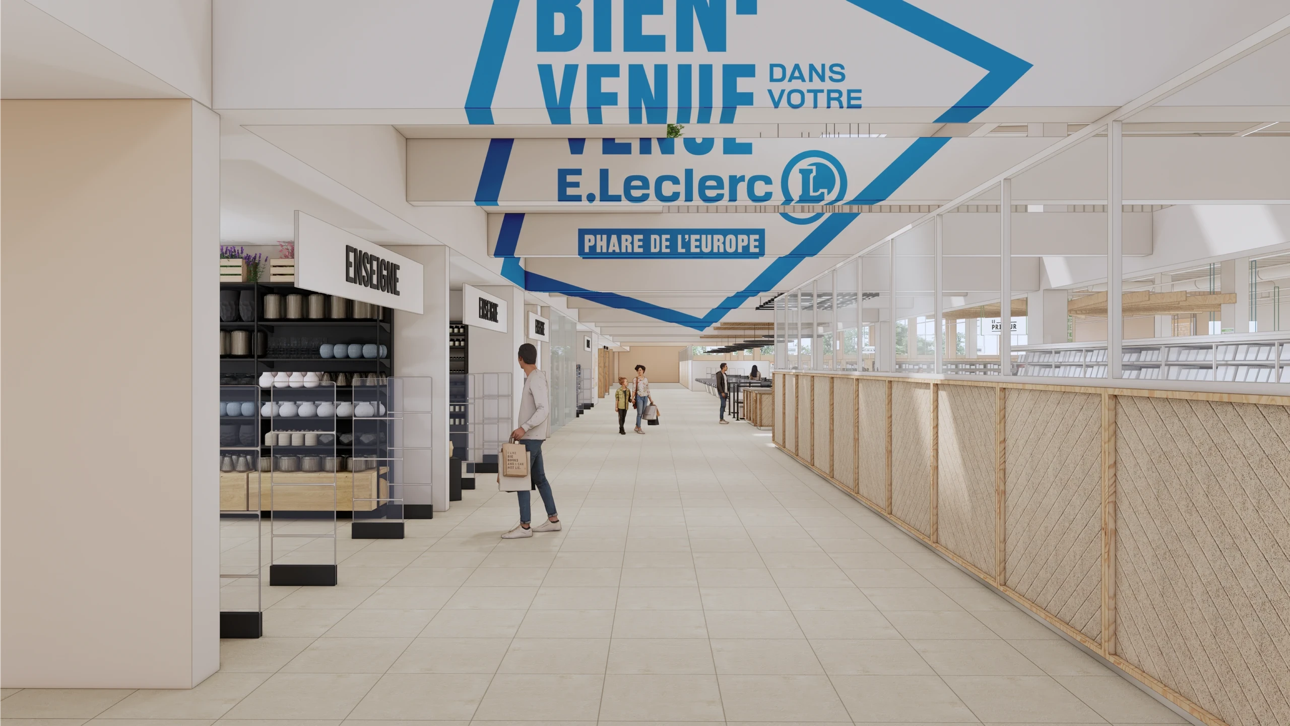 Architecture intérieure avec anamorphose à l’entrée du futur E.Leclerc de Brest.