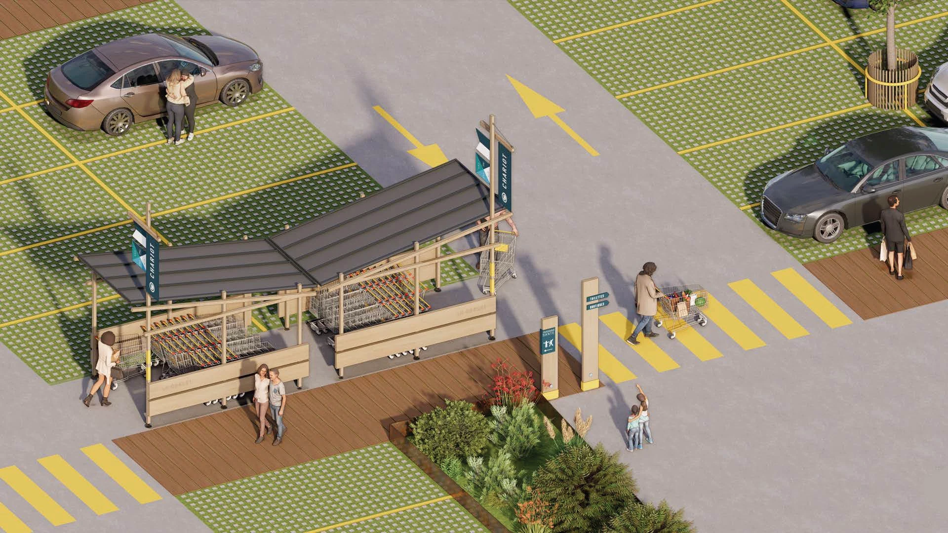 Parking et zones de chariots devant le futur E.Leclerc à Granville, Normandie.