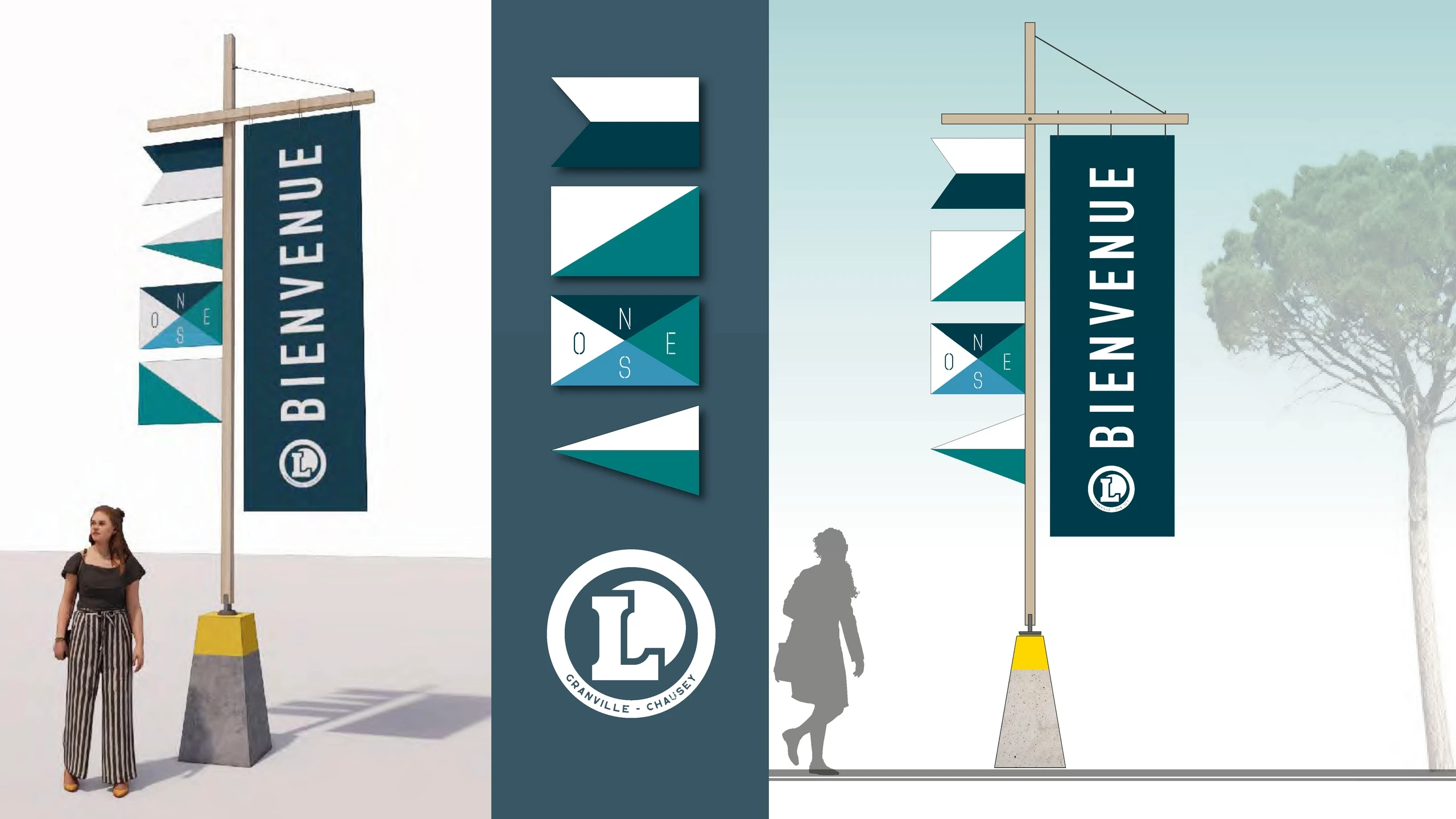 Totem de bienvenue devant le futur E.Leclerc de Granville en Normandie.