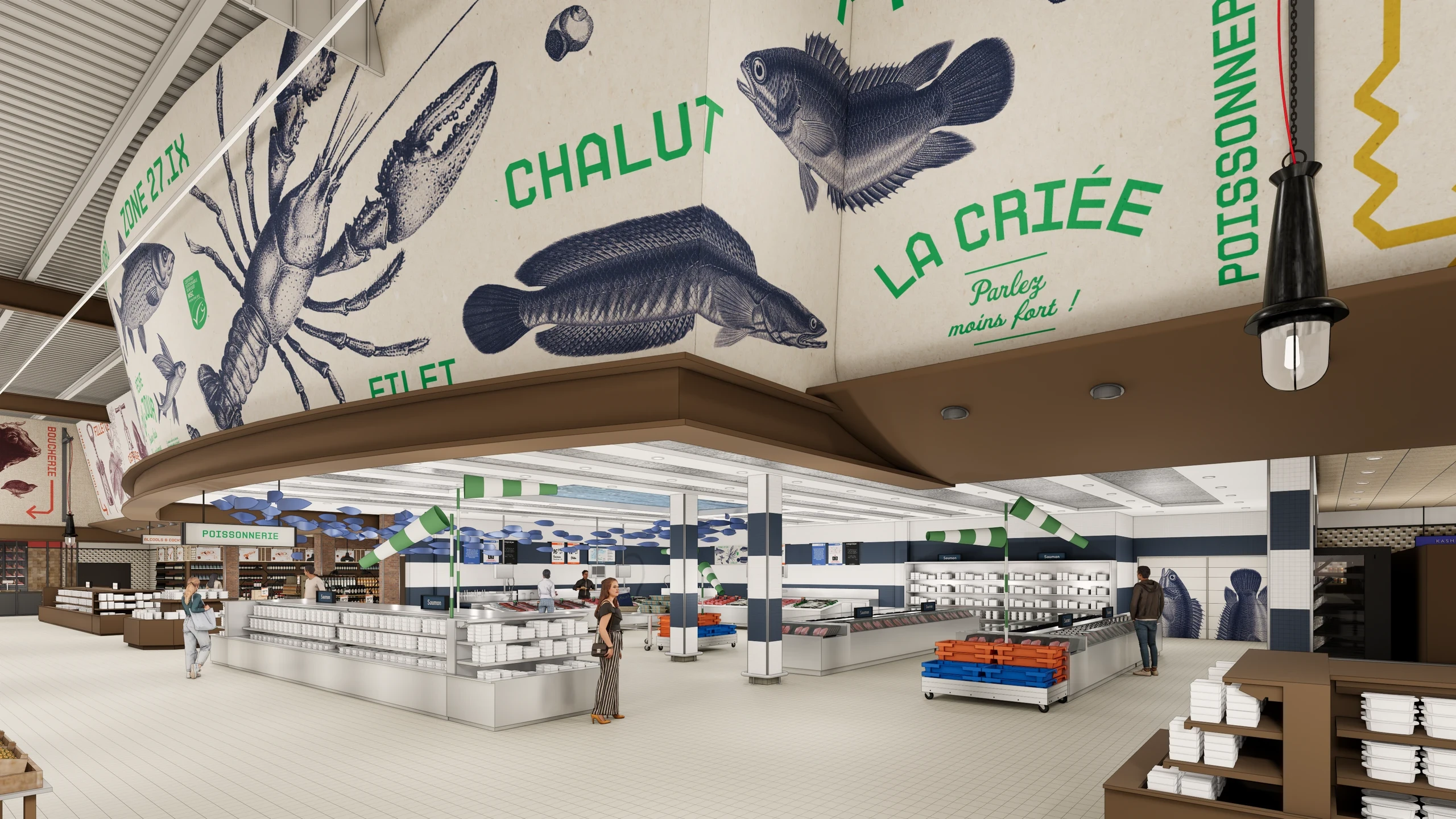 Graphisme dans le rayon poissonnerie de l’hypermarché E.Leclerc à Vitry-sur-Seine, livraison prévue en 2026.